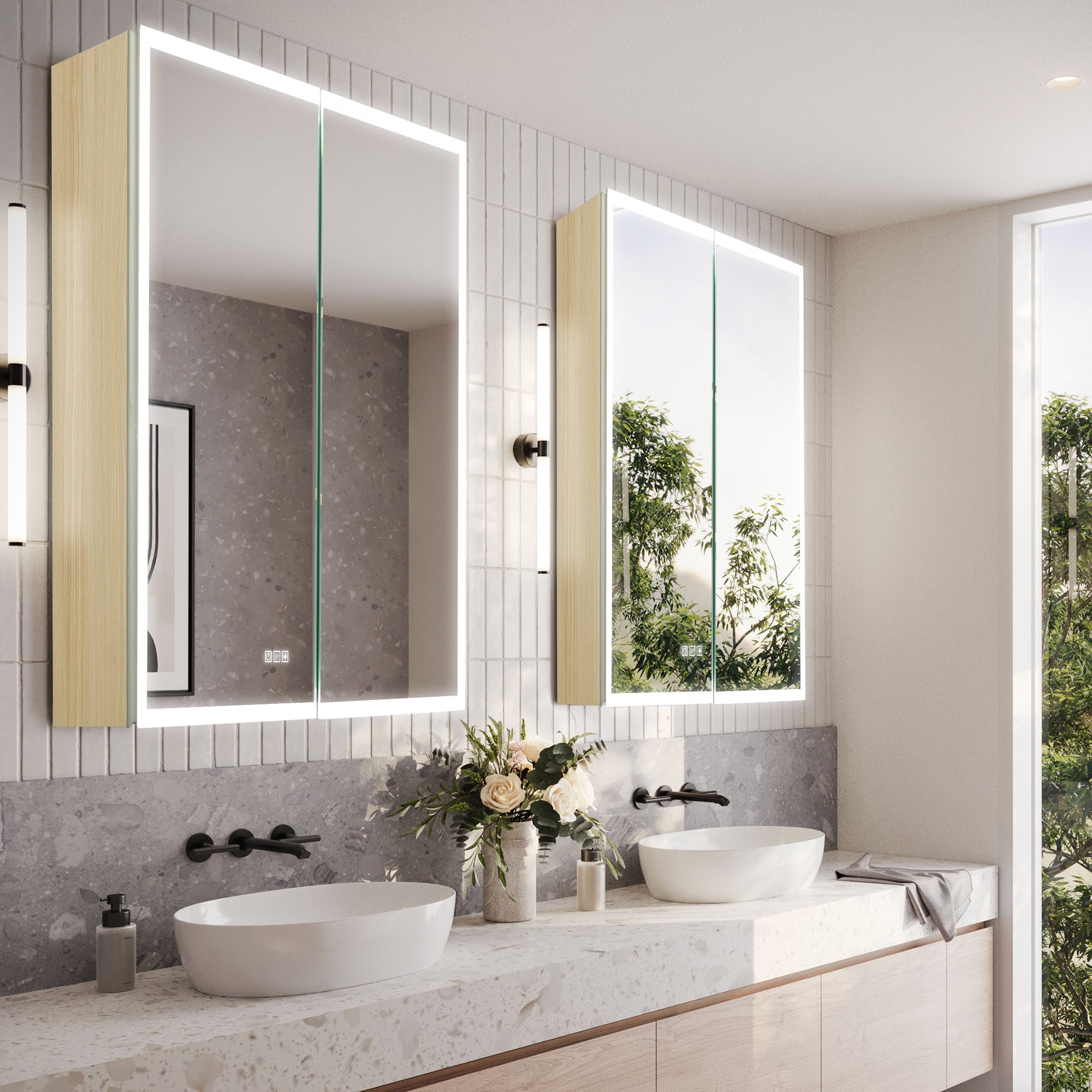 OBERON Custom LED Mirror Medicine Cabinet with Natural Wood Finish