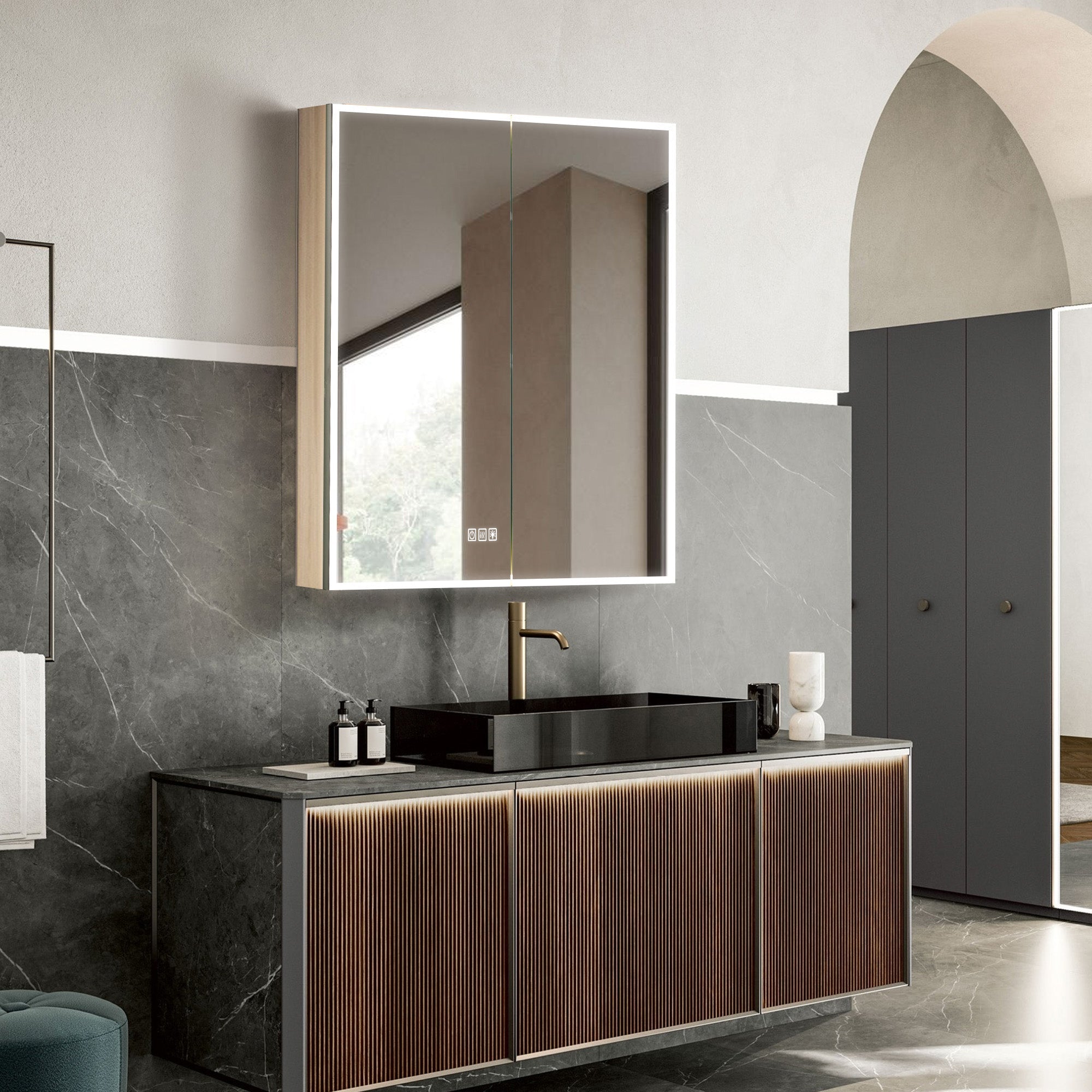 OBERON Custom LED Mirror Medicine Cabinet with Natural Wood Finish